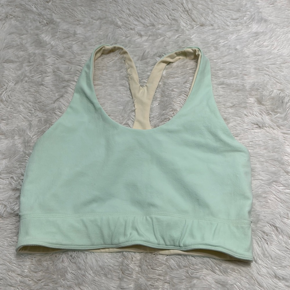 Fabletics reversible long line sports bra.  Mint green one side, yellow other